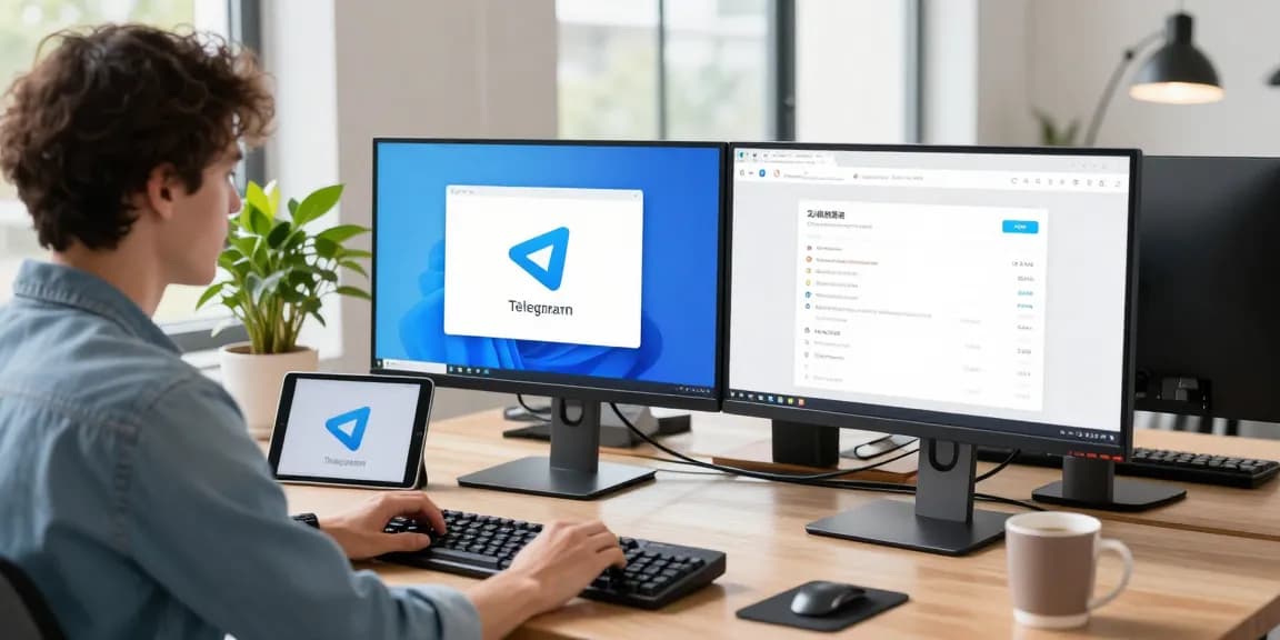 Setting up Telegram Chinese interface on a desktop with dual monitors and language pack options.