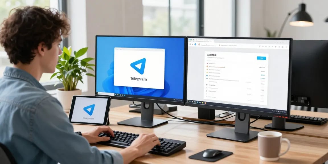 Setting up Telegram Chinese interface on a desktop with dual monitors and language pack options.