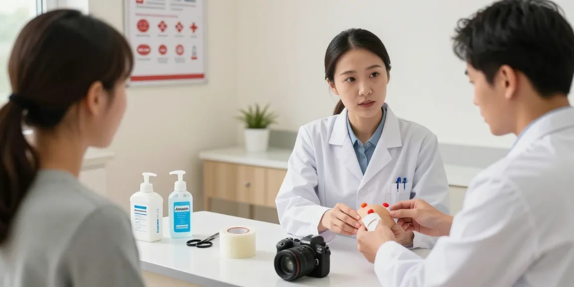 Healthcare professional using medical tape to treat a patient in clinic.