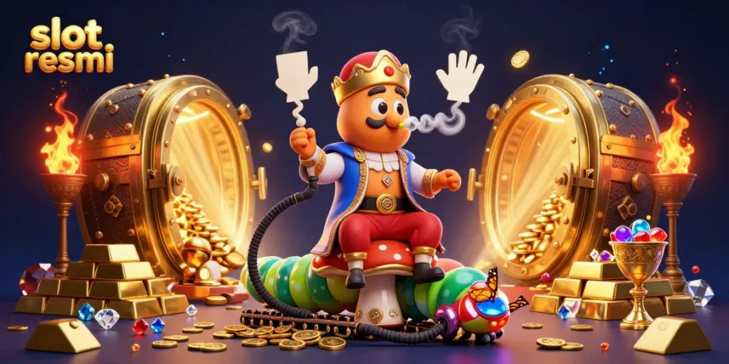 Spin the reels with luck at slot resmi, featuring vibrant casino elements and a caterpillar hookah-master.