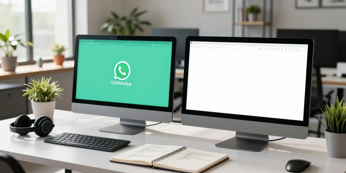 Developer using GBApps OGWhatsApp on dual monitors in a bright, modern office setting.