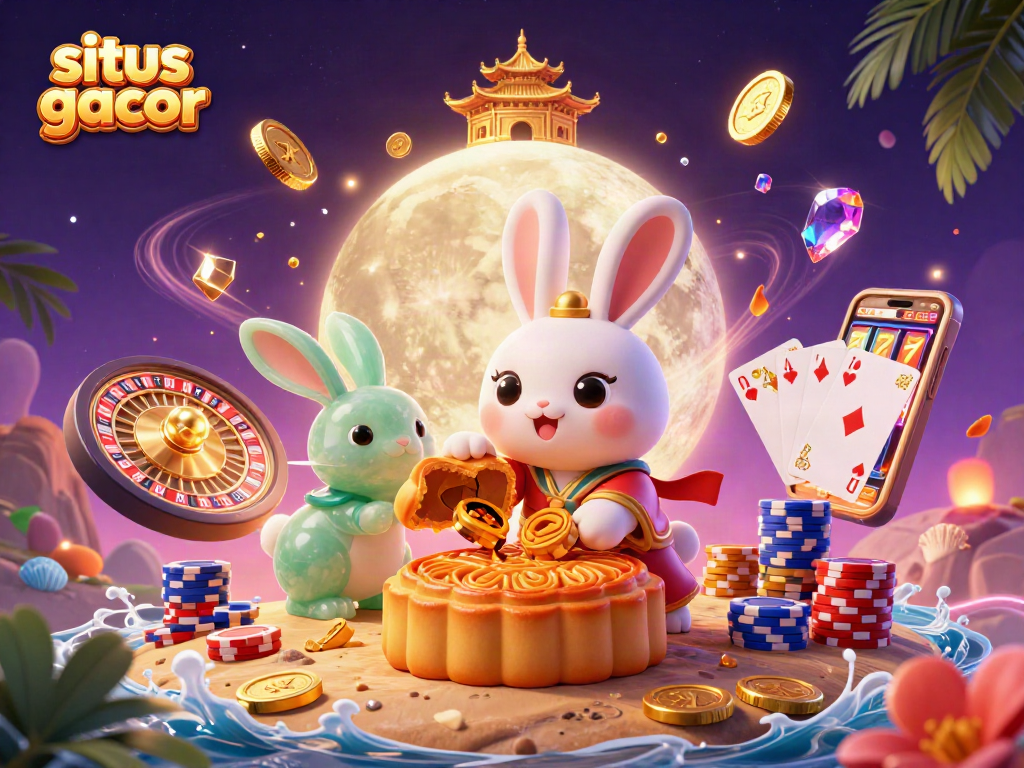 Situs gacor scene with cartoon moon rabbit revealing poker chips amid casino elements like roulette and slot reels