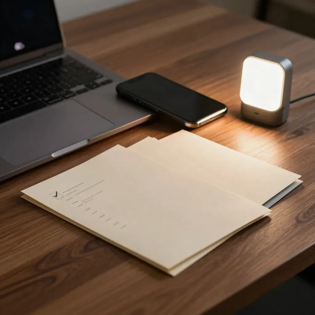 Approval-checks desktop with laptop, phone, file sleeves and solid status light on walnut wood.
