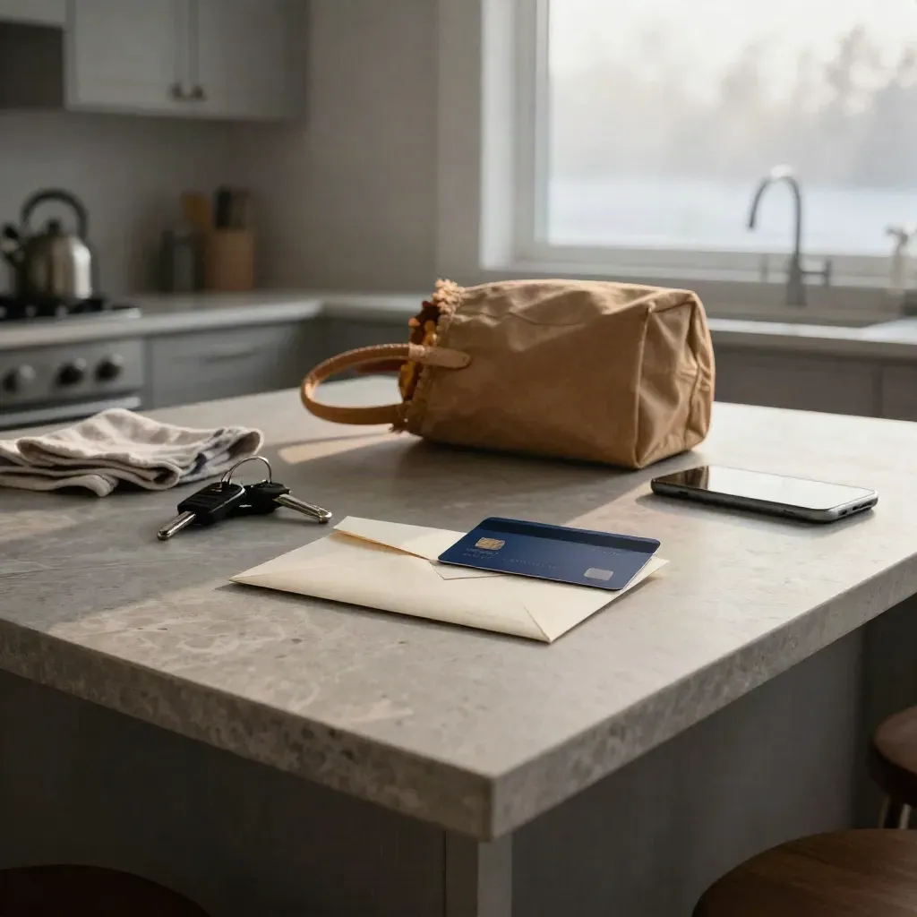Dawn-lit kitchen island with approval envelope, debit card, keys, grocery tote and phone