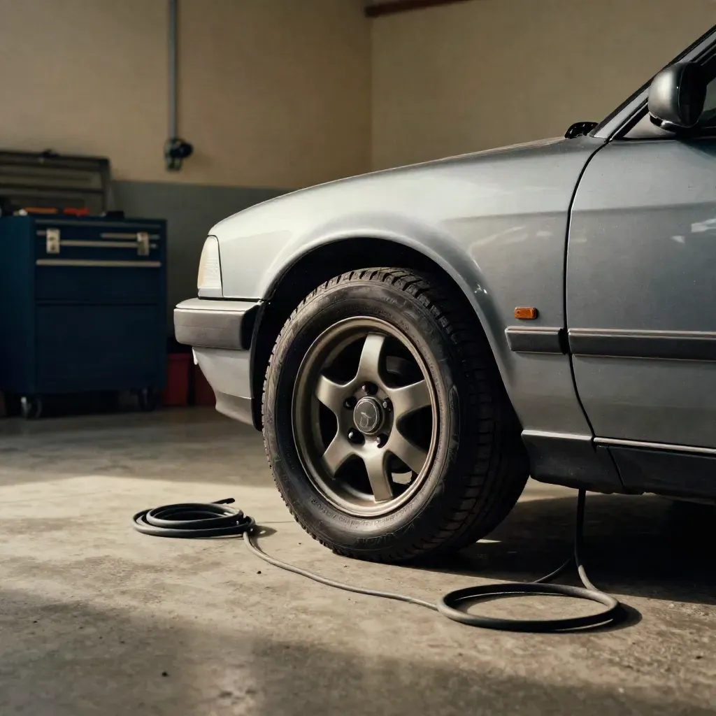 Repaired sedan in a clean garage bay with fresh tires, toolbox, and coiled cord