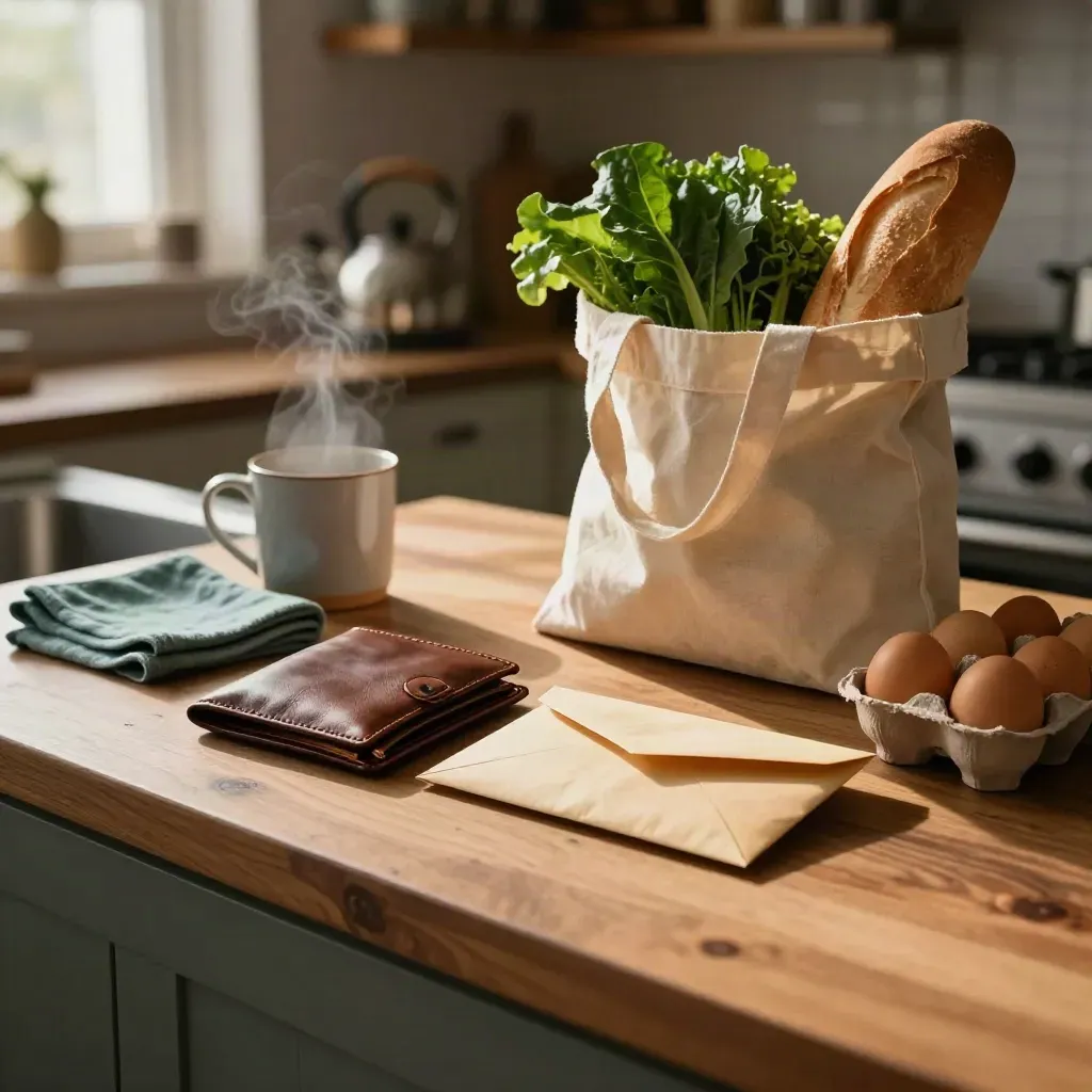 Open wallet, utility envelope, and grocery bag on a cozy kitchen counter with steam.