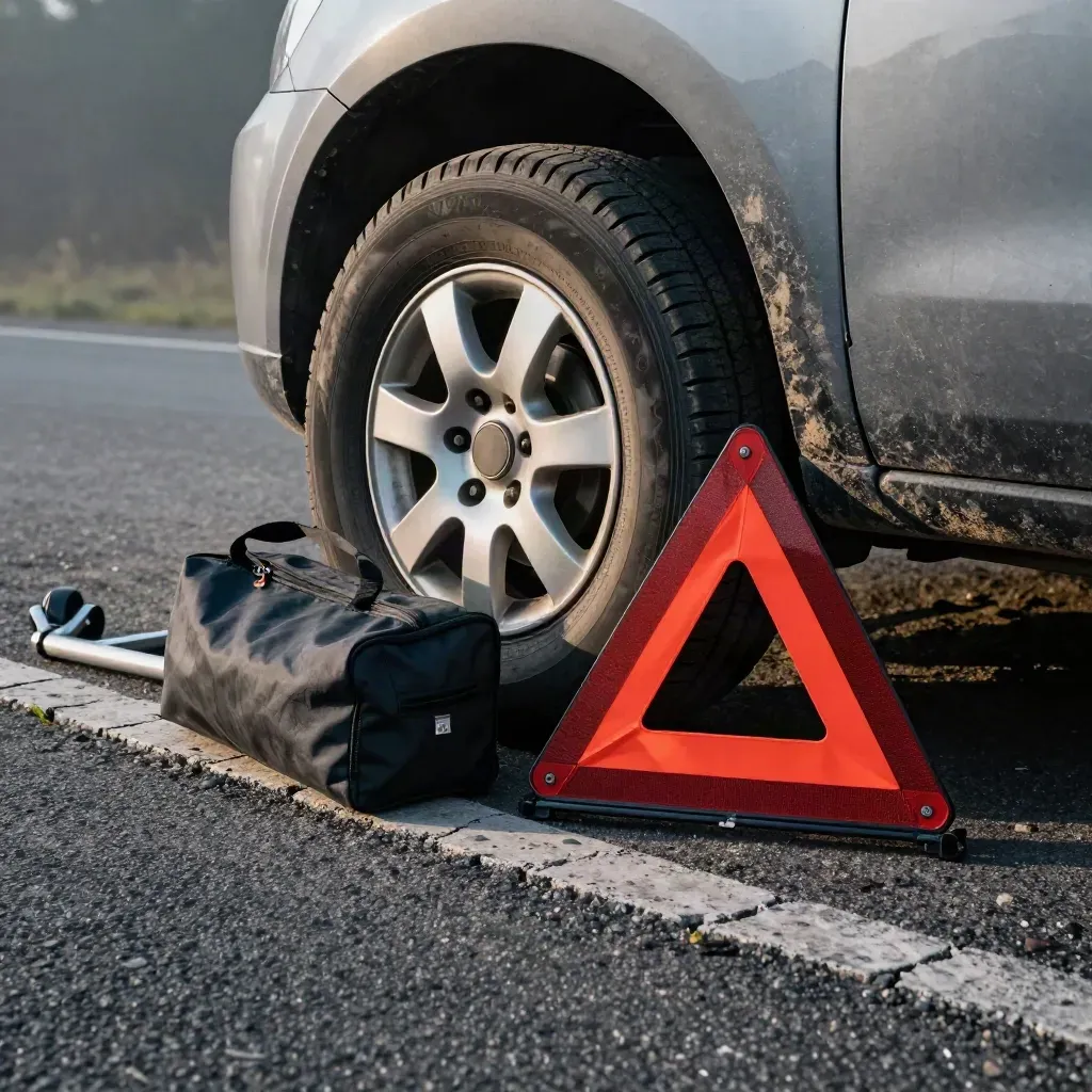 Spare tire, warning triangle and roadside kit bag beside a mud-splattered bumper on a roadside shoulder.