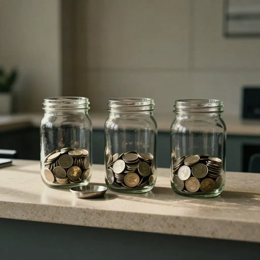Three glass payment jars with coins on a stone shelf beside a metal dish in moody low light.