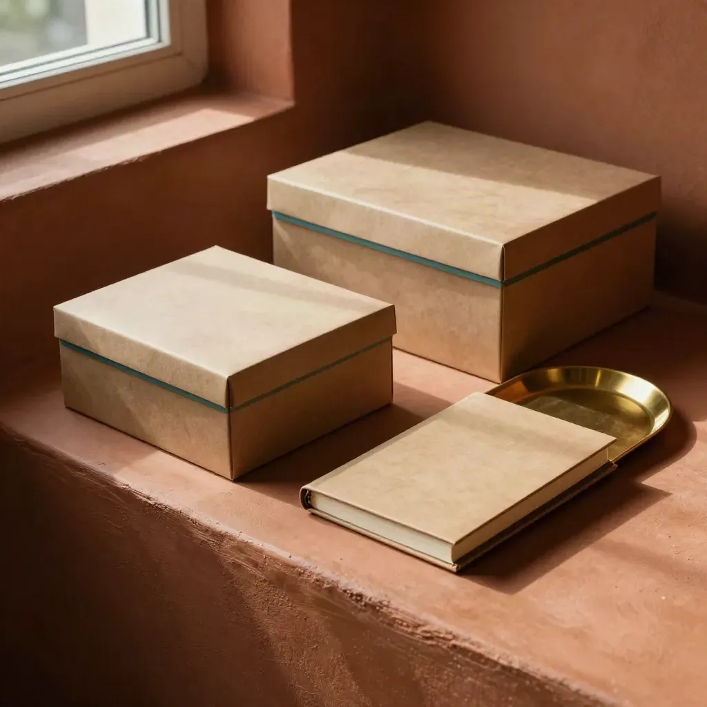 Three sealed option boxes beside a notebook and brass tray in warm window light.