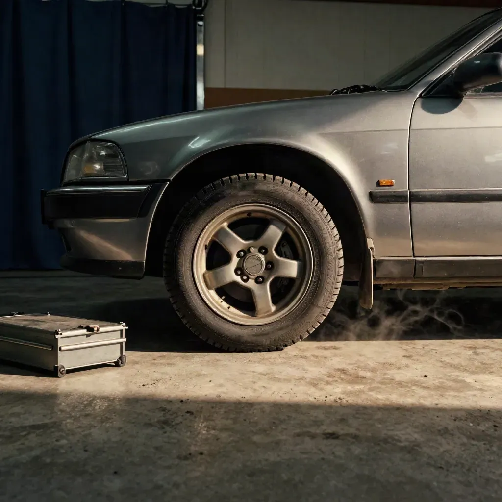 Repaired sedan in a Calgary garage bay with fresh tires, fitted bumper, and shut toolbox.