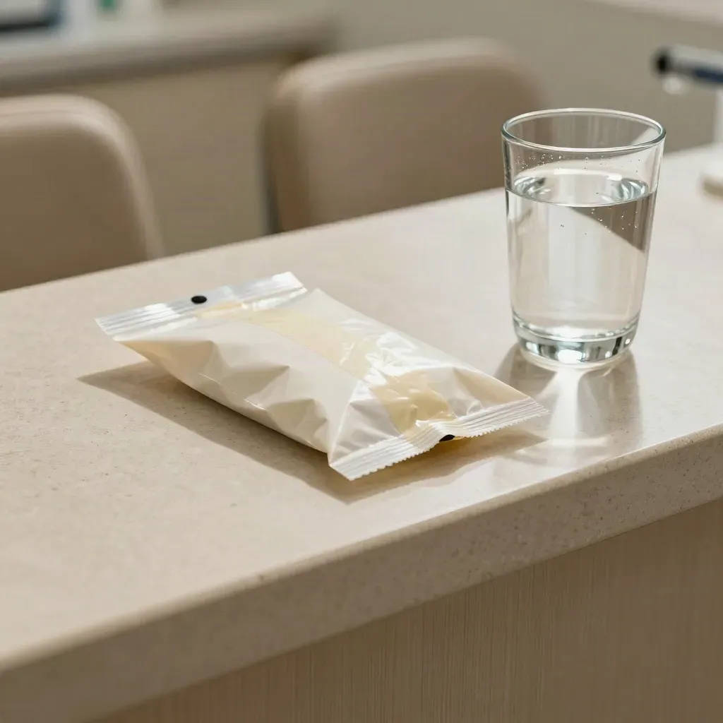 Sealed pharmacy bag and water glass on a clinic counter, chairs blurred behind glass.