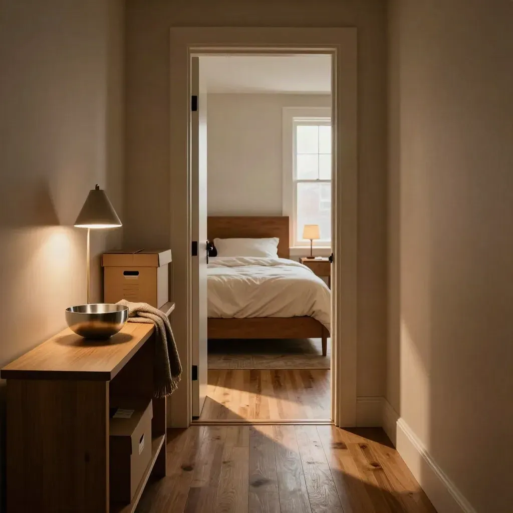Toronto apartment entry with key bowl, lamp, moving boxes and a made bed through the doorway.