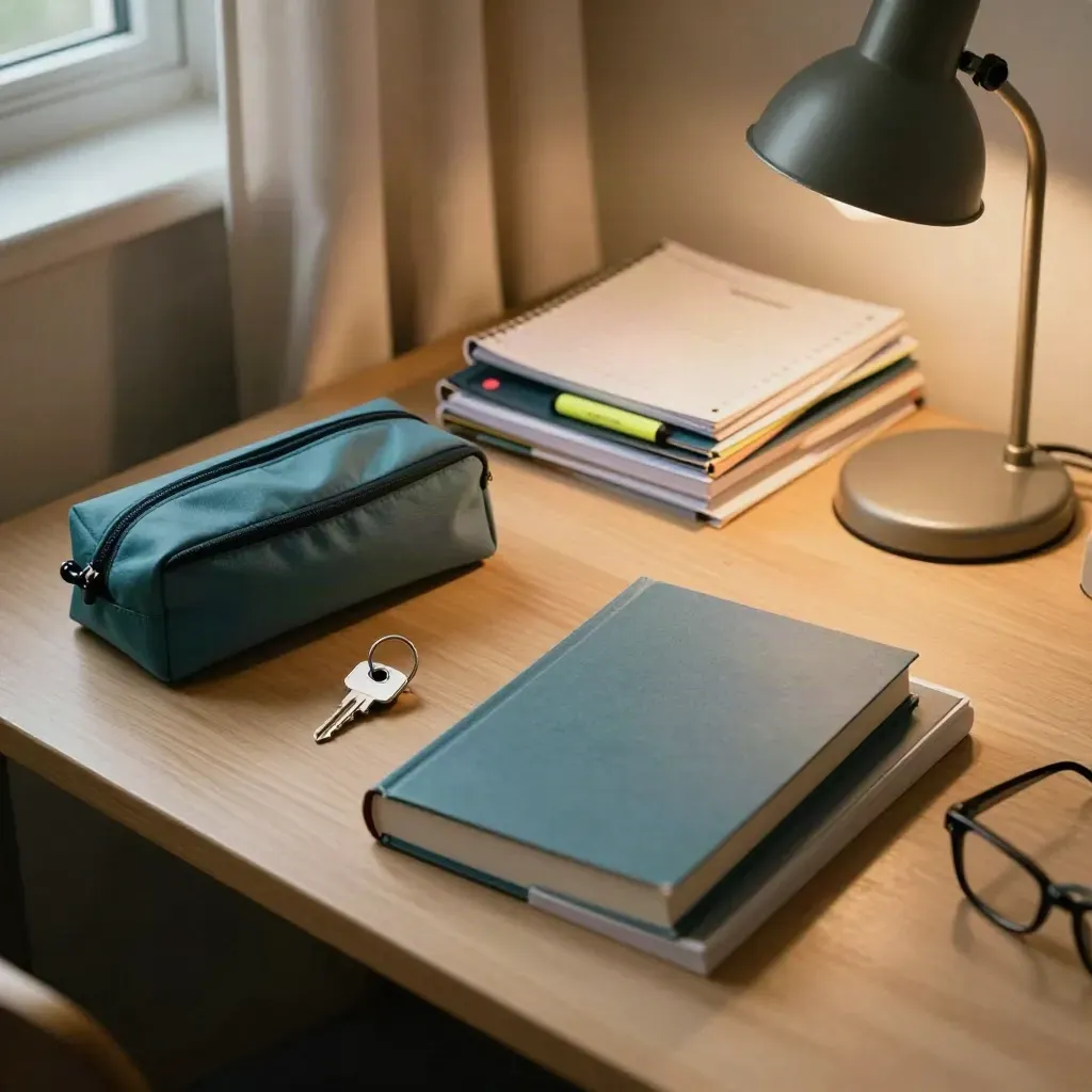 Top-down dorm desk with textbooks, teal pencil case, key, and lamp, ready for classes.