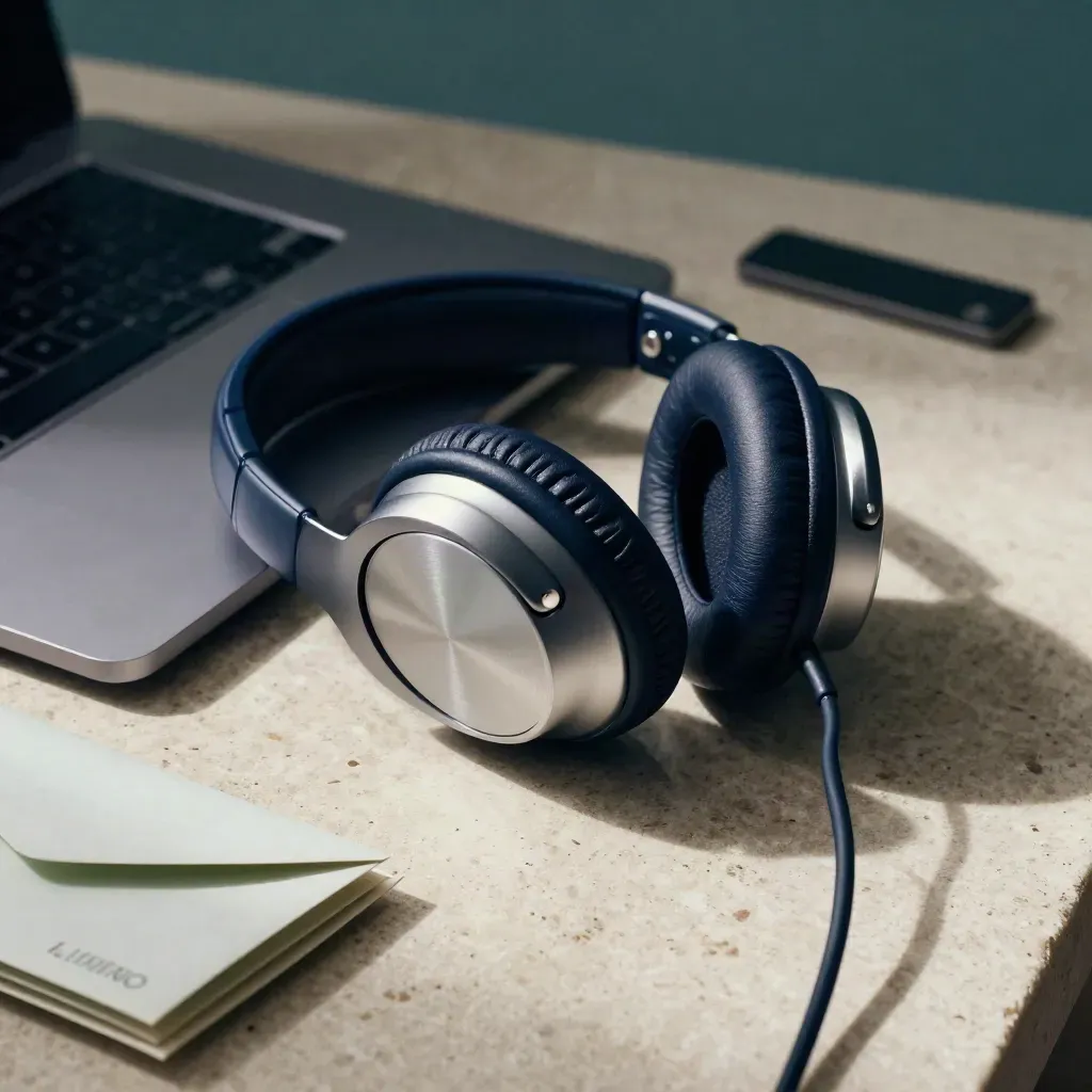 Navy headset beside a closed laptop and cash envelopes on pale stone, lit dramatically.