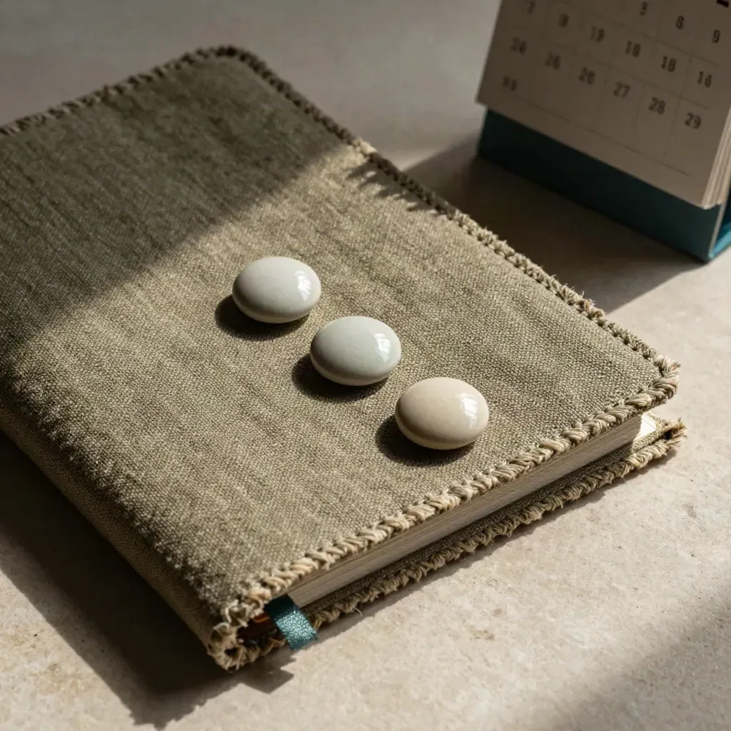 Top-down of a woven planner, ceramic tokens, and a turned calendar block on stone with soft teal accent.