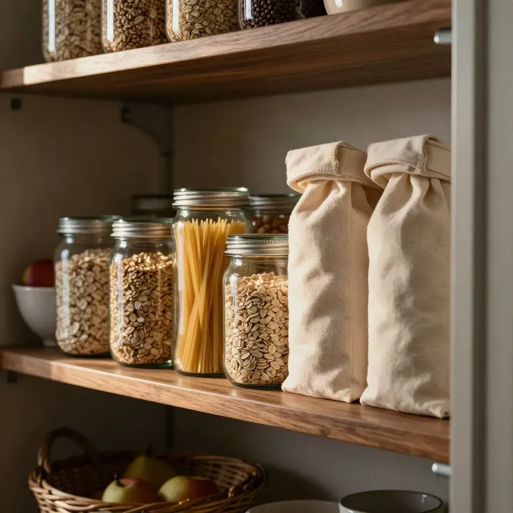 Neat pantry shelf with groceries, reusable bags, and a fruit bowl in warm kitchen light.