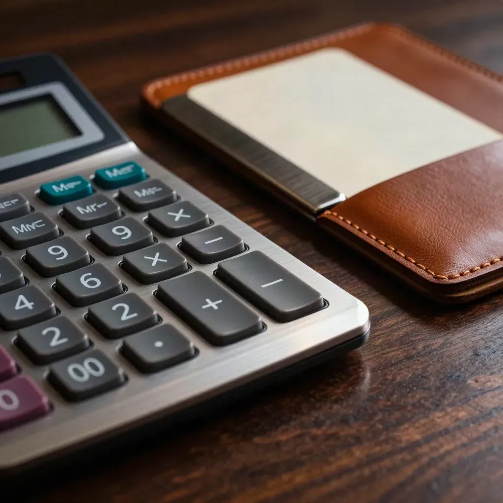 Macro of a metal calculator, steel card holder and leather blotter on a dark wood desk