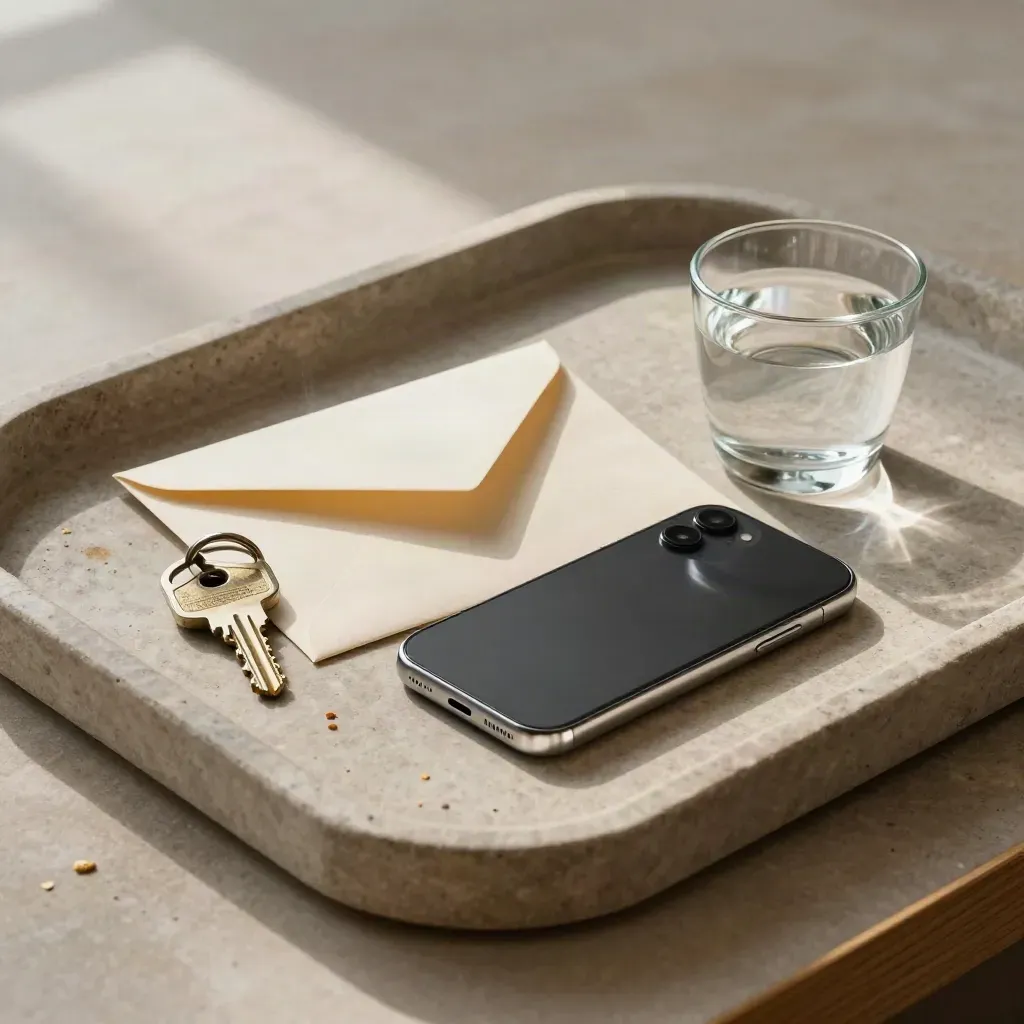 Stone tray with a phone cradle, key, envelope and glass paperweight in soft morning light.