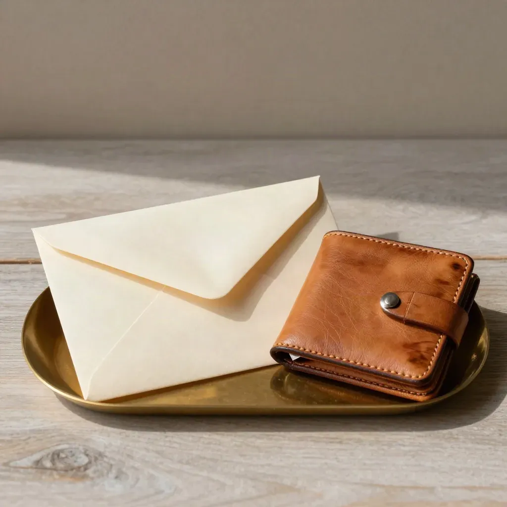 Top-down still life of cash envelopes, leather wallet, and brass tray on pale wood.