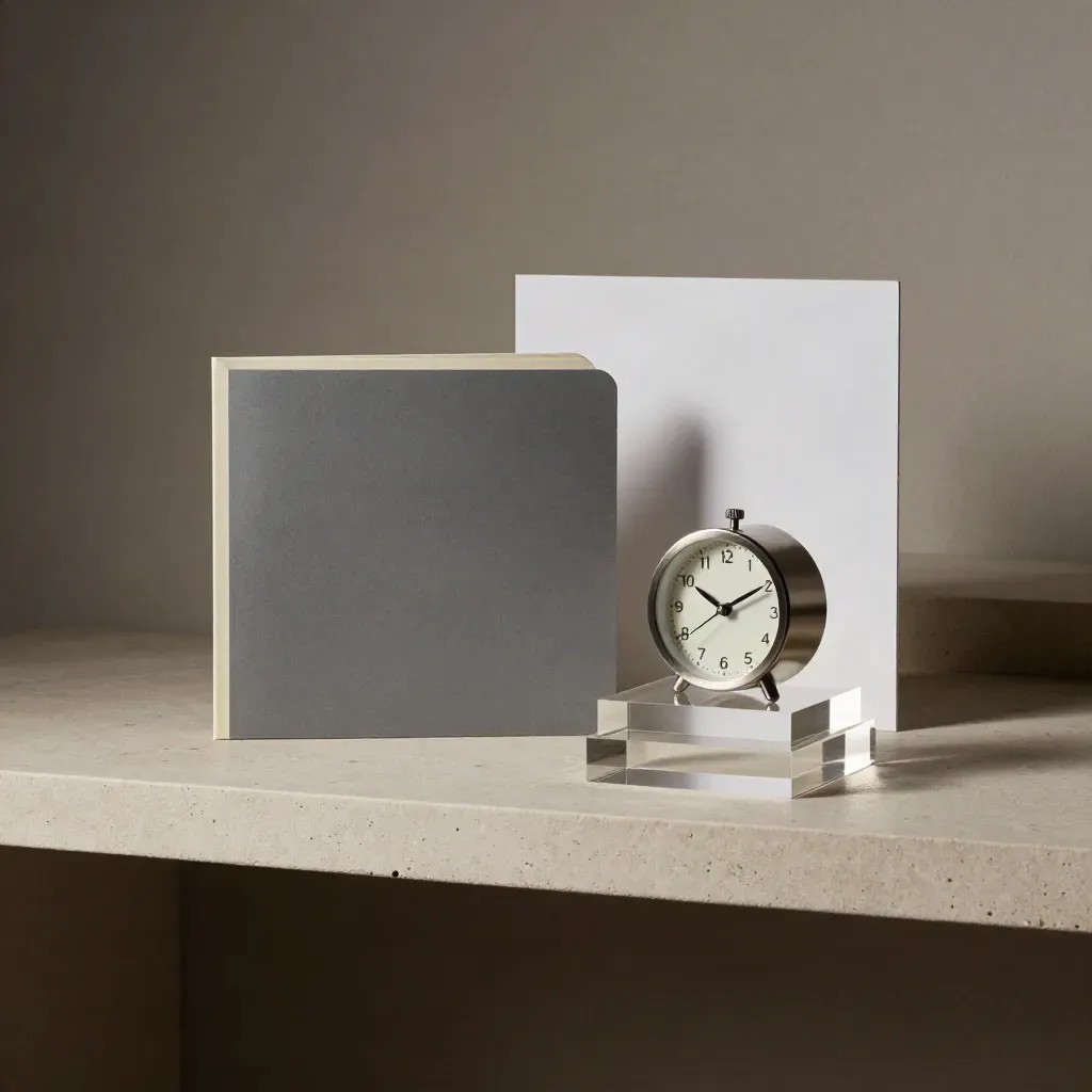 Closed folder, desk clock, and acrylic blocks on a pale stone shelf with soft side light.