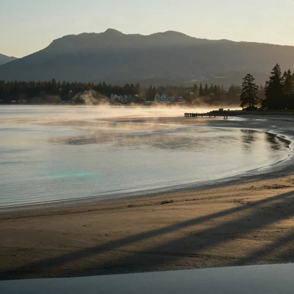 Vancouver harbour, tidal flats and misty North Shore mountains at golden hour.