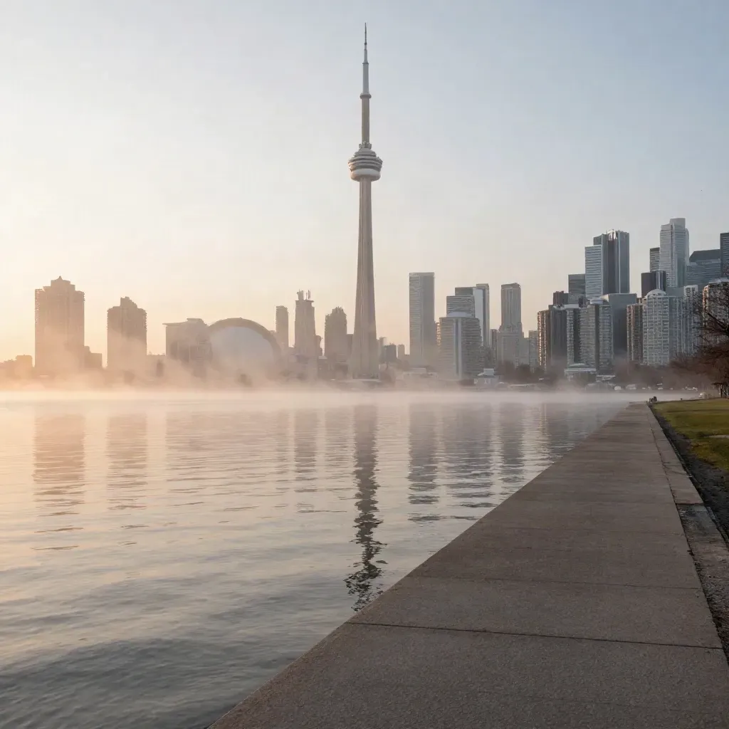 Toronto skyline and CN Tower rising through sunrise haze above calm lakefront water