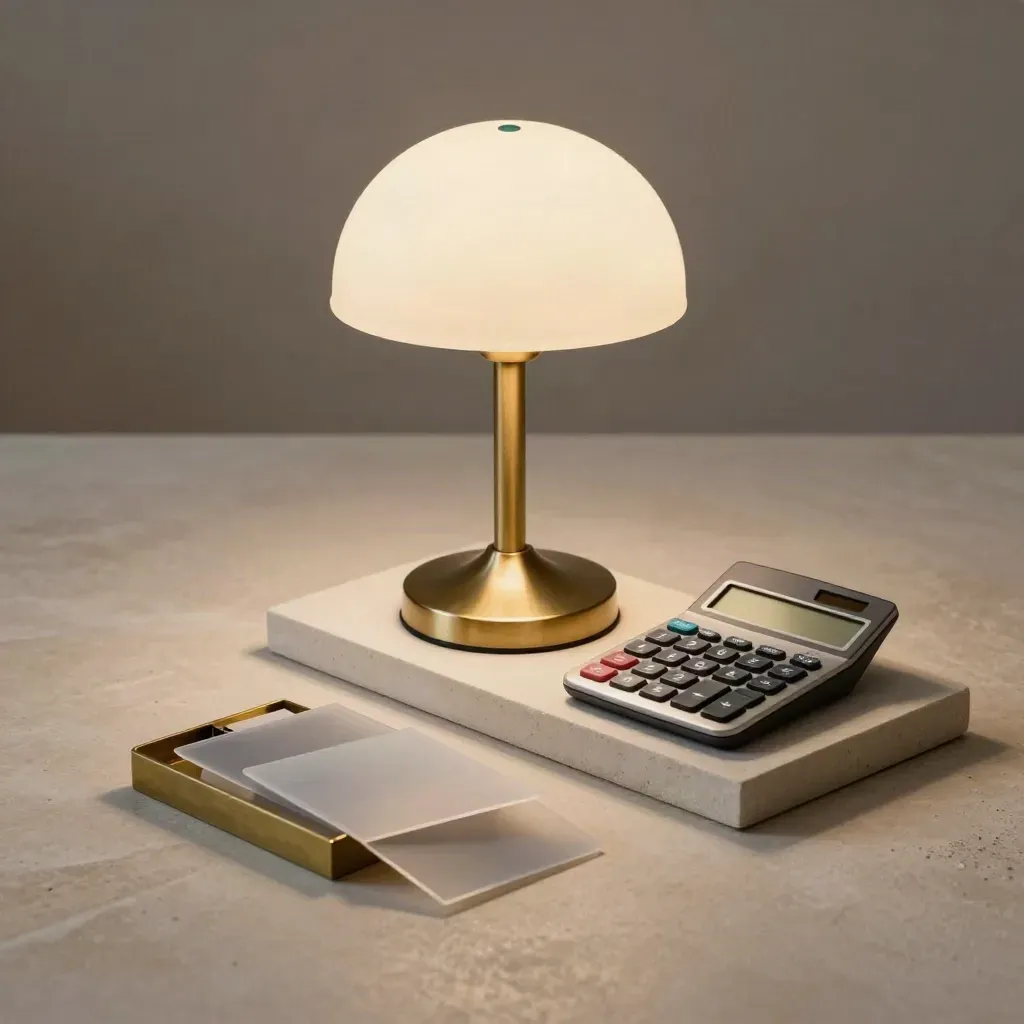 Status lamp, calculator, card sleeves and brass paperweight on a pale plaster surface.