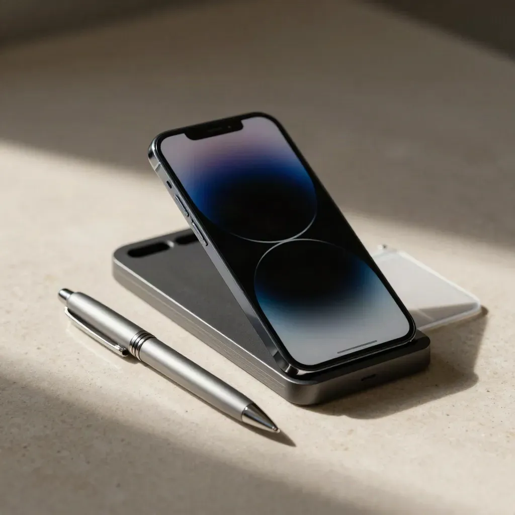 Dark smartphone on stand with pen and blank ID sleeve on pale stone.