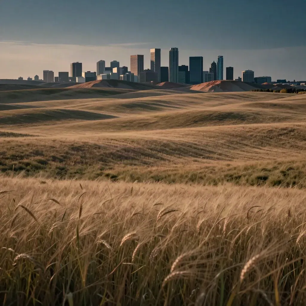 Calgary skyline high over hazy foothills and wheat prairie at sunset