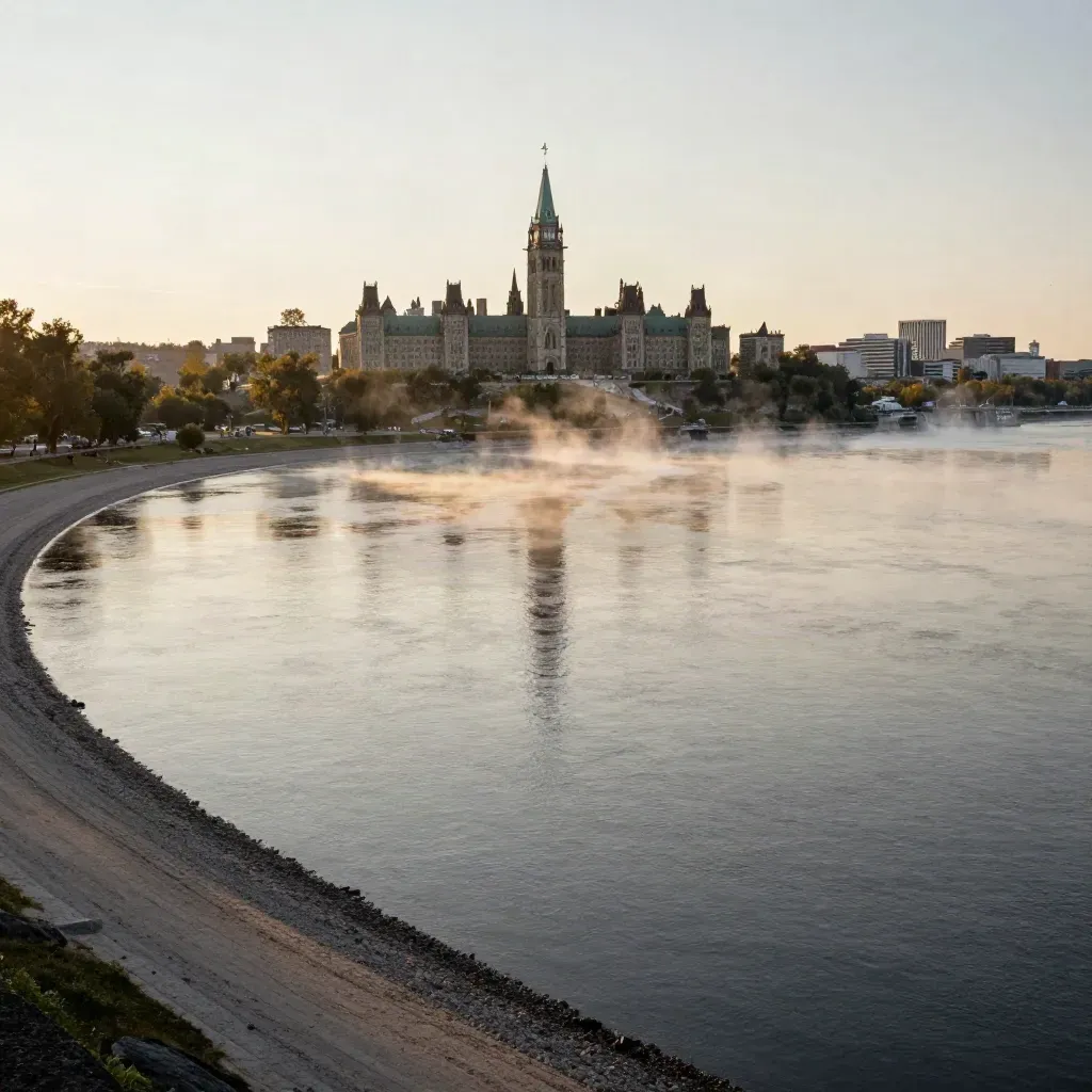 Ottawa River bend with Parliament Hill high above a misty limestone shoreline at golden hour.