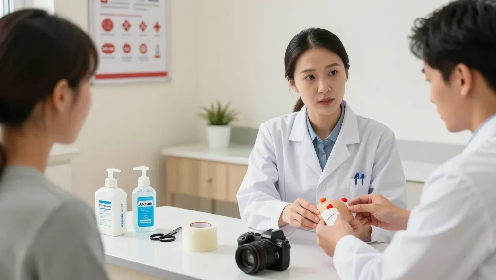 Healthcare professional using medical tape to treat a patient in clinic.