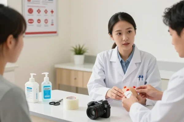 Healthcare professional using medical tape to treat a patient in clinic.